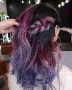 Latinas With Colored Hair, 2023 Vivid Hair Trends, Fun Hair Ideas For Brunettes, Color Block Purple Hair, Dark Fun Hair Color Ideas, Colorful Bayalage Hair, Vivid Color Balayage, Unique Dyed Hair Color Trends, Fun Color Balayage Hair