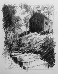 a black and white drawing of steps leading up to a house on top of a hill