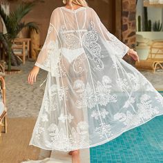 F00163584-100 Maxi Length Beachwear Cover-up For Brunch, White Flowy Cover-up For Vacation, White Sheer Beachwear Cover-up, Chic Lace Trim Beach Cover-up, Bohemian Spring Brunch Cover-up, White Breezy Cover-up For Vacation, White Cover-up For Brunch During Beach Season, Sheer Summer Vacation Dress, Flowy White Breezy Cover-up