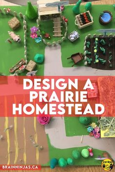 a book cover with the title design a prairie homesead written in red and green