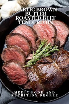 steak in a cast iron skillet with herbs and garlic