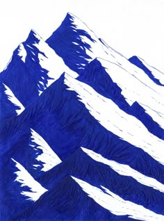 a blue and white drawing of snow covered mountains