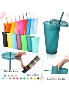 colorful cups with straws and lids are shown in different colors, including blue, green,