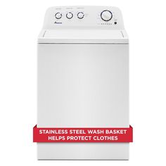 a white washer sitting on top of a dryer next to a red ribbon