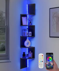 a person holding a remote control next to a wall shelf with various items on it