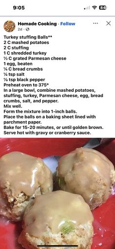 a red plate topped with meatballs covered in gravy