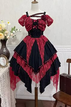 Red/Black Sleeveless High Waisted Print Irregular Gothic Lolita Jsk Dr – LolitaInside Red And Black Clothes Aesthetic, Red And Black Clothes, Red Dress Ideas, Red Gothic Dress, Black And Red Dress, Red And Black Dress, Red And Black Outfits, Style Gothic, Gothic Dress