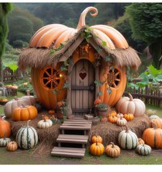 pumpkins and hay bales in front of a small house made out of pumpkins