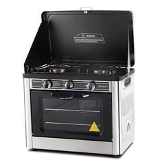 a silver and black stove top oven on a white background