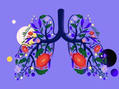 the lungs are decorated with colorful flowers and leaves on a purple background, surrounded by circles