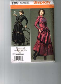 This sale is for a MIP MIP Simplicity 2207 Misses Western World/Steampunk Costume Dress Sizes 6-12. This pattern consists of three pieces, a closely fitted jacket, a skirt with ruffles, and an apron to place around the bottom of the jacket and skirt. Fabrics: Satin, Taffeta, Doupione, Shantung, Crepe Back Satin. Sizes 6-12 Bust 30.5-34, Waist 23-26.5 and Hips 32.5-36. Instructions and patterns are in their original factory folds. The envelope has wear from being handled and stored.