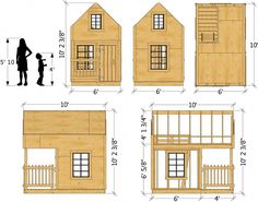 the plans for a small wooden house with porches and windows are shown in three different angles