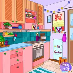 a cartoon kitchen with pink cabinets and blue counter tops, an oven and dishwasher