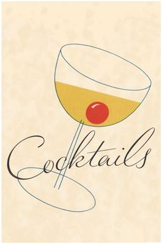 a drawing of a cocktail glass with the word cocktails on it