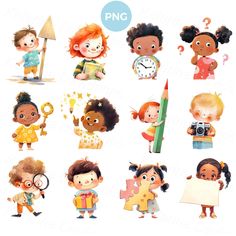 various children with different types of things in their hands, including pencils and paper