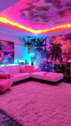 a living room decorated in pink and purple with palm trees on the ceiling, couches and rugs