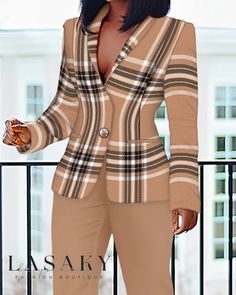 Lasaky - Plaid Print Shawl Collar Blazer and Pants Ensemble Coat And Pants, Shawl Collar Blazer, Plus Size Plaid, Plaid Shawl, Leopard Print Blazer, Plaid Decor, Blazer Set, Top Pants Set, Stylish Plus