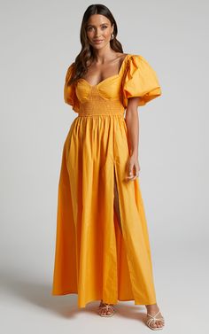 Raiza Maxi Dress - Shirred Waist Puff Sleeve Dress in MARIGOLD | Showpo USA Fitted Ruched Puff Sleeve Dress With Empire Waist, Puff Sleeve Dress With Smocked Fitted Bodice, Puff Sleeve Dress With Smocked Empire Waist, Chic Fitted Puff Sleeve Dress With Smocked Cuffs, Puff Sleeve Dress With Fitted Bodice And Smocked Back, Puff Sleeve Dress With Smocked Bodice, Fitted Maxi Puff Sleeve Dress With Elastic Sleeves, Yellow Ruched Dress With Puff Sleeves, Elegant Puff Sleeve Dress With Smocked Bodice Maxi Length