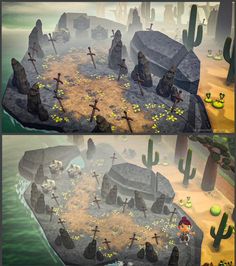 two screens showing the same scene in an animated video game, one with crosses on it