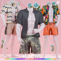 three male mannequins with shirts and shorts on display in front of a pink background