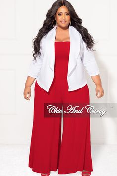 Polyester %: 95 Spandex %: 5 Model is wearing 1x Jacket sold separately click here Plus Jumpsuit Outfit Plus Size, Plus Size Red Outfits, Red Outfit Plus Size, Ashley Outfits, Wedding Guest Pants, Plus Size Work Wear, Jumpsuit With Jacket, Camera Poses, Elegant Pants Suits