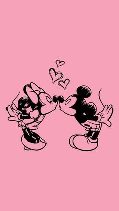 mickey and minnie kissing on pink background