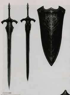 three different types of swords and shields