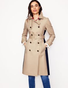 Colour Block Trench Coat - Neutral | Boden UK Color Block Trench Coat, Two Tone Trench Coat, Double-breasted Beige Gabardine Pea Coat, Double-breasted Gabardine Pea Coat With Hidden Buttons, Burberry Mid Length Trench Coat, Wool Blend Coat