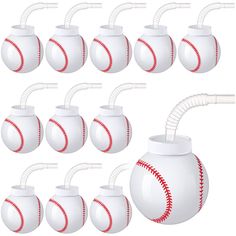 a set of eight baseball shaped water jugs