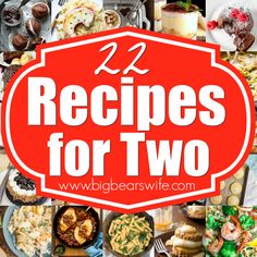 the words 21 recipes for two are in red and white with images of different desserts