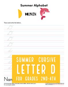 summer cursive letter d worksheet for 3rd - 4th grade writing practice