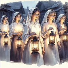 a group of women dressed in white holding lantern lights and looking at the camera while standing next to each other