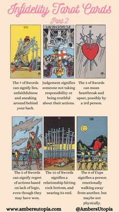 Infidelity, cheating, lack of loyalty, and engaging in romantic acts with others lead to one of the biggest and most common questions people ask tarot reader, which is, "Is this person cheating on me?".

The tarot cards are an amazing tool to dive deep into whether someone is loyal or not, however I have found Tarot loves to beat around the bush when describing this. The tarot can hint at it with a positive card, and unless you pull clarifications you will never know!

#infidelitytarot #tarot Divination Magic, The Tarot Cards, Tarot Guidebook, Tarot Significado