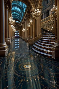 an ornately decorated lobby with chandeliers and marble floors is pictured in this image