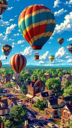 many hot air balloons are flying in the sky above some houses and trees, with cars parked on the street below