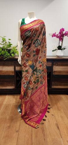 Beautiful Pen Kalamkari/ Hand Drawn Gadwal Saree collection, blouse to be customized. Product ships immediately within US. Blouse can take 2-3 weeks Taken 2, Beautiful Pen, Saree Collection, Dress Design, Silk Saree, 3 Weeks, Silk Sarees, Pink Blue, Designer Dresses