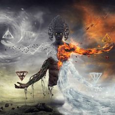 a man with fire and water on his body in front of a sky filled with clouds