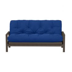 an outdoor futon sofa with blue cushions