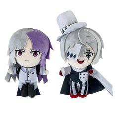 two stuffed dolls are shown side by side, one is white and the other has purple hair