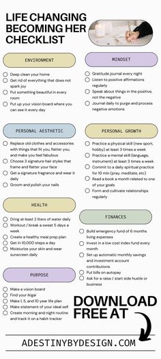 Life changing becoming her checklist, Simple, minimal, aesthetic) /  that girl checklist, change your life, reinvent yourself checklist, get your life together, aesthetic checklist, how to stay organized, organize your home, goals, clean girl aesthetic, that girl morning routine, that girl night routine, gratitude, manifestation Life Together Aesthetic, Aesthetic Checklist, Aesthetic Daily Planner, Together Aesthetic, Daily Planner Ideas, Free Habit Tracker, Fonts Simple, Daily Planner Templates, Gratitude Manifestation