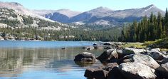 a mountain lake surrounded by rocks and pine trees