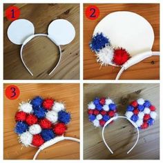 four pictures showing how to make mickey mouse ears with red, white and blue pom - poms