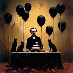 a painting of abraham lincoln sitting at a table with black balloons and cats around him