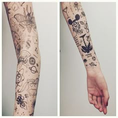 two pictures of the same person's arm with different tattoos on each arm and wrist