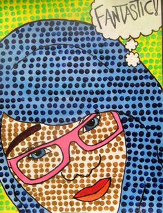 a painting of a woman with glasses and a thought bubble above her head that says fantastic