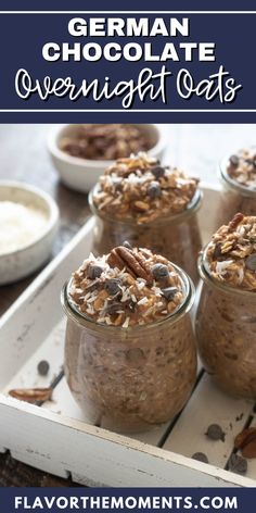 chocolate overnight oats in glass jars on a tray