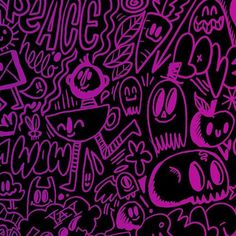 a black and pink background with various doodles