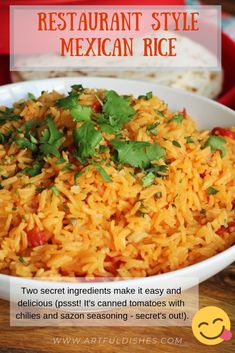 mexican rice in a white bowl with cilantro garnish on the side