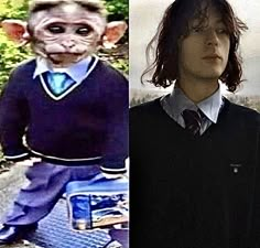 two pictures, one with a monkey head and the other wearing a sweater and tie