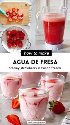 collage of agua de fresa and agua de fresa con leche with text overlay Strawberry Agua Fresca Recipe, Aqua Fresca Recipes, Strawberry Agua Fresca, Strawberry Drink Recipes, Fresca Drinks, Agua Fresca Recipe, Strawberry Drinks, Mexican Drinks